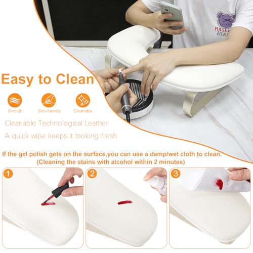 Arm Rest for Nails Tech,U Shaped Manicure Arm Rest Stand with Aluminum Alloy Hand Rest Holder,Cleanable Leather Nail Hand Rest Pillow for Acrylic Nails Art Salon(White)
