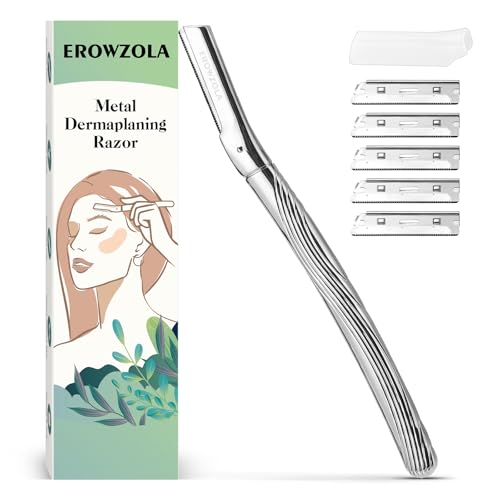 Eyebrow Razor, Face Razors for Women and Men, Reusable Metal Handle with 6 Refill Blades, Eyebrow Trimmer with Precision Cover, Dermaplane Razor, Skin Care Tool - Shiny Silver