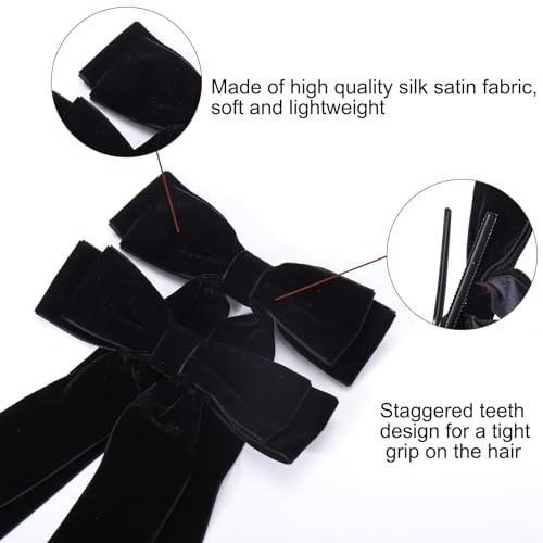 Vodolo Velvet Hair Bows for Women Girls,3 PCS Black Velvet Ribbon Bow Hair Clips With Long Tail,Hair Bows Barrettes for Thick Thin Hair,Nonslip Hair Accessories Christmas Birthday Gifts