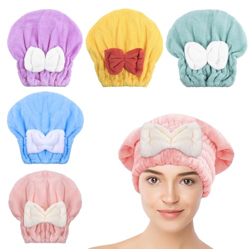 Microfiber Hair Drying Caps - 5-Pack Ultra Absorbent Turbans with Bowtie