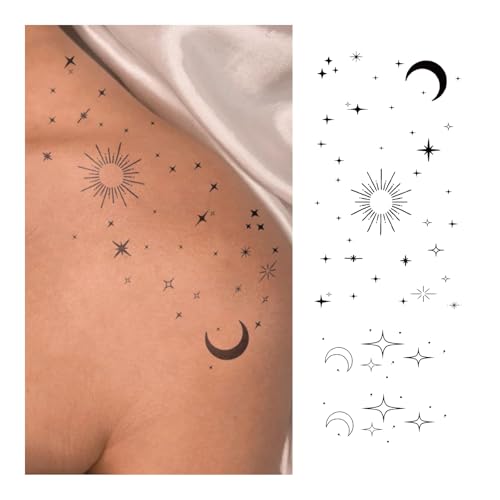 Celestial Temporary Tattoos ? Realistic & Long-Lasting Sun Moon Star Minimal Fake Tattoos, Waterproof Semi-Permanent Body Stickers for Shoulder, Neck, Collarbone