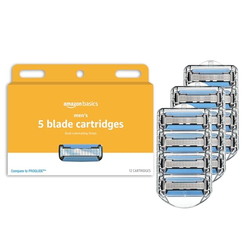 Amazon Basics 5-Blade Razor Refills for Men with Dual Lubrication and Precision Beard Trimmer, 12 Cartridges (Fits Amazon Basics Razor Handles only)