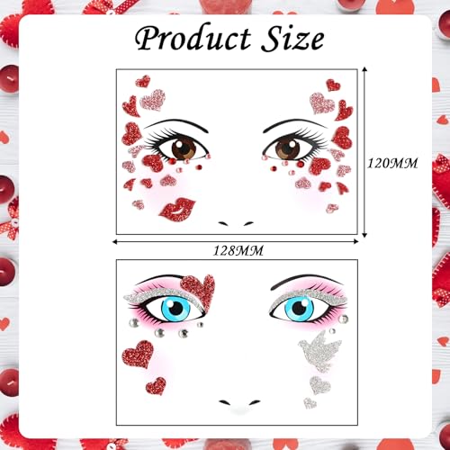 Glitter Love Heart Face Stickers with Rhinestones - 2 Pack