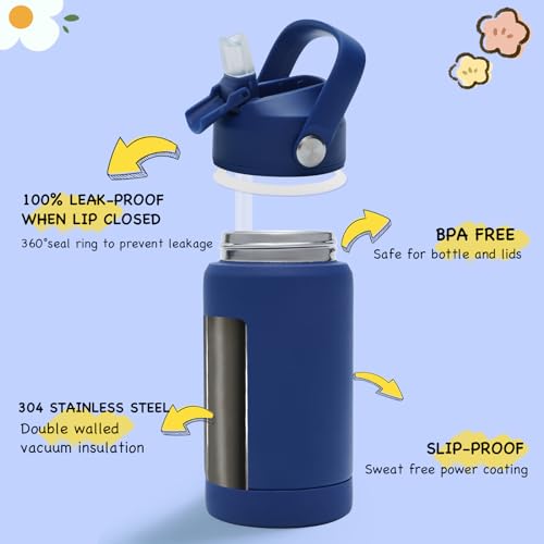 Kerilyn 12oz Kids Insulated Water Bottle, Leak-proof Toddler Cup With Straws Lids, Kids Water Bottles For School Boys Girls, Stainless Steel Vacuum Insulated Bottle For Kids, BPA Free, Blue