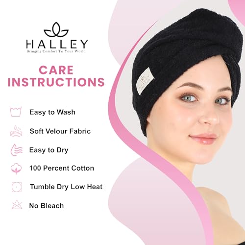 HALLEY Cotton Hair Towel Wrap - Super Absorbent Fast Drying Turbans (3 Pack)