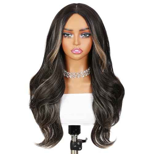 Quantum Love Long Curly Wig for Women Long Wavy Middle Part Black Mix Brown Wigs 28Inch Natural Looking Synthetic Fashion Brown Color Hair for Cosplay Halloween Daily Party Use