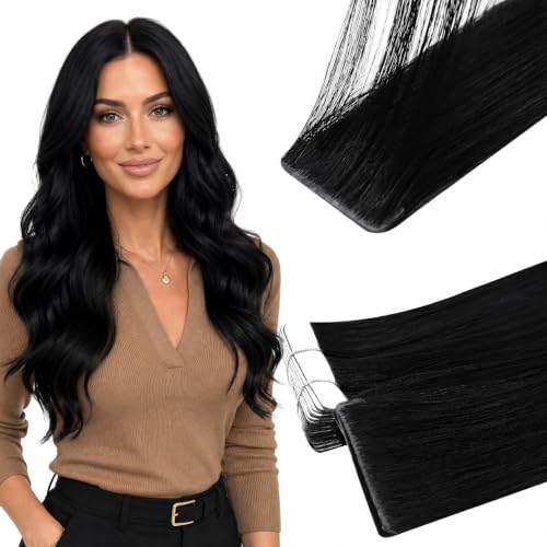 Full Shine 14-Inch Tape-In Hair Extensions - Black Remy Hair, 20 Pcs
