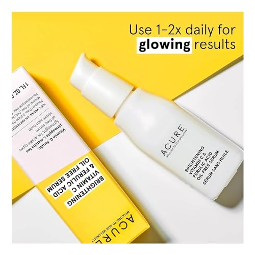 ACURE Face Brightening Vitamin C & Ferulic Acid Serum - Day & Night Oil Free Glowing Facial Serum - Vitamin C, Ferulic Acid & Pineapple Extract For Natural Brighter Look - for All Skin Types 1 fl oz