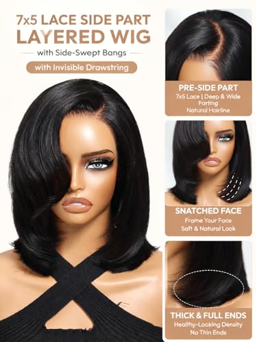 UNICE 7x5 Lace Closure 12" Layered Bob Wig with Side Bangs