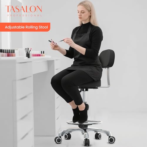 TASALON Professional Salon Rolling Stool Chair,Salon Equipment PU Leather Seat with Backrest,Height Adjustable, Swivel Metal Feet,Spa Tattoo Massage Home Office Swivel Stool Chair Black