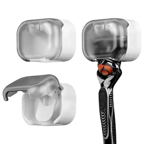 LUEXBOX 2 Pack Razor Holder with Cover for Shower Wall, Self Adhesive Razor Stand Shaver Organizer, Plastic Razor Hanger Hooks Compatible with Fusion 5 Proglide, Mach 3 Classic (Gray Clear)