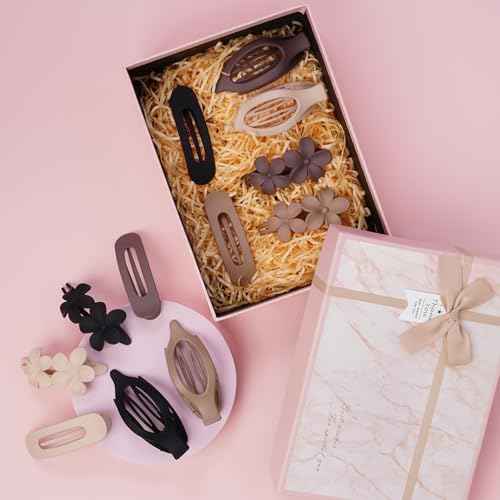 12 Pack Flat Hair Clips Set for Women ?Matte Neutral Claw Clips, Flat Barrettes & Flower Hair Pins in Black, Blonde,Light Brown & Dark Brown, Strong Hold Styling Accessories for Thick & Thin Hair