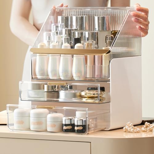 Omeily White Makeup Organizer Countertop Vanity Storage Case with Acrylic Cover