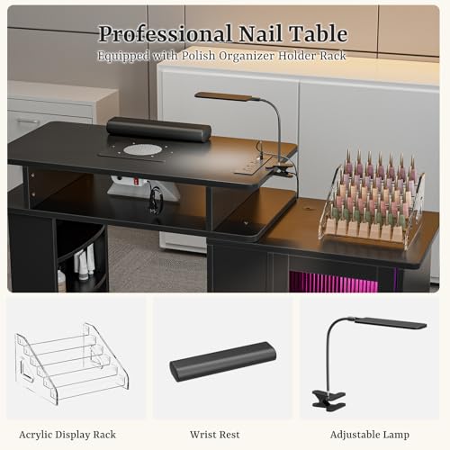 Black Manicure Table with LED Light & Lamp, Nail Tech Desk, Professional Salon Furniture