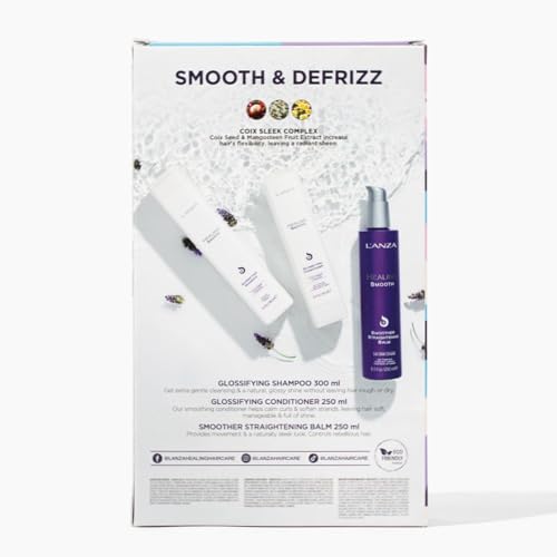 L'ANZA Healing Smooth Trio Hair Kit, Glossifying Shampoo, Conditioner & Smoother Straightening Balm Leave-In Conditioner Hair Serum, Anti Frizz Hair Care Kit in Gift Box (10.1/8.5/8.5 Fl Oz)