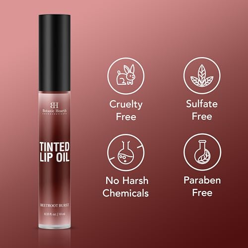 Botanic Hearth Tinted Lip Oil | Moisturizing Lip Gloss Oil For Dry Lips | Deep Red Gloss | Lightweight & Non Greasy | 0.3Fl Oz