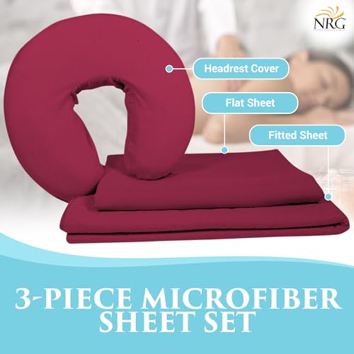 Premium Microfiber 3 Piece Massage Sheet Set by NRG - Includes Massage Table Flat Sheet, Fitted Sheet and Face Rest Cover - 100% Double Brushed Polyester, Soft as Silk - 120 GSM - Color: Merlot