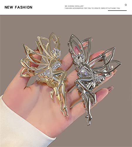 2 Pcs Cute Hair Claw Fairy Girl Rhinestone Hair Clip Big Hair Jaw Clip Nonslip Hair Clamp Hair Accessories Sliver&Gold (034-3PCS)