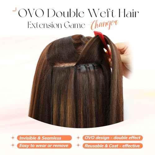 OVO Butterfly Weft Hair Extensions Human Hair Ombre Brown Highlight Dual-Sided Seamless Invisible Weave,Beaded Flat Weft Extensions, Soft & Natural Real Human Hair Extensions