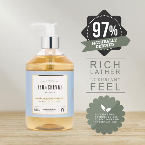 Fer ? Cheval Marseille Liquid Soap, Luxury French Liquid Soap, Savon Liquide De Marseille, Seaside Citrus, 500 ml/16.9 fl oz