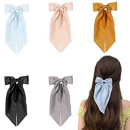 Silk Satin Long Bow Hair Barrettes with Ribbon Bow Hair Clips For Women, Big Alligator Hair Bow Clips for Women and Girls (5pcs - mix color a)