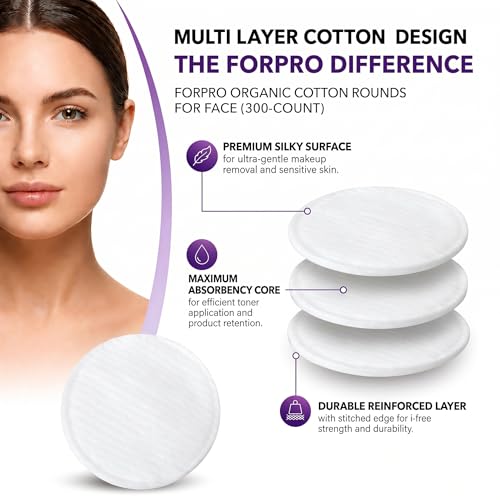 Organic Cotton Makeup Remover Pads 300-Count - Hypoallergenic & Reusable Facial Cleansing Pads