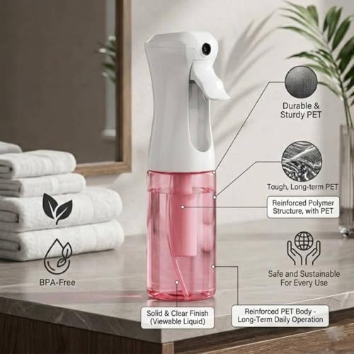 VIGOR PATH Continuous Fine Mist Spray Bottle – 6.7oz Refillable Water Mister for Hair, Cleaning & Plants