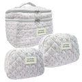 3Pcs Large Travel Quilted Makeup Bag, Double Layer Cute Floral Cotton Toiletry Bag, Aesthetic Flower Cosmetic Bag Coquette Skincare Organizer Bag for Wome (74-PinkFloral)