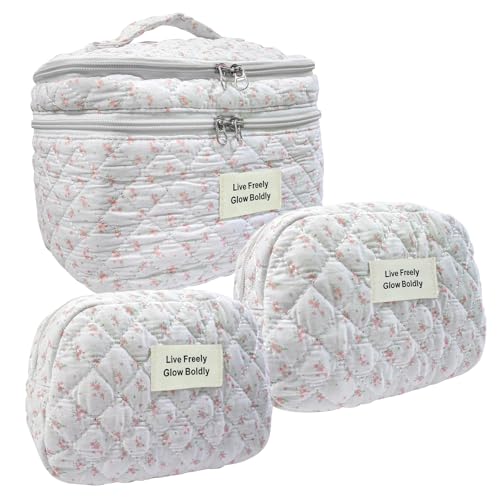 3Pcs Large Travel Quilted Makeup Bag, Double Layer Cute Floral Cotton Toiletry Bag, Aesthetic Flower Cosmetic Bag Coquette Skincare Organizer Bag for Wome (74-PinkFloral)