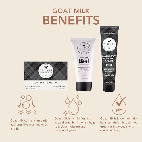 Dionis Goat Milk Cedarwood & Sea Salt Shave Butter, Hand & Body Lotion, and Bar Soap Bath & Body 3-Piece Gift Set