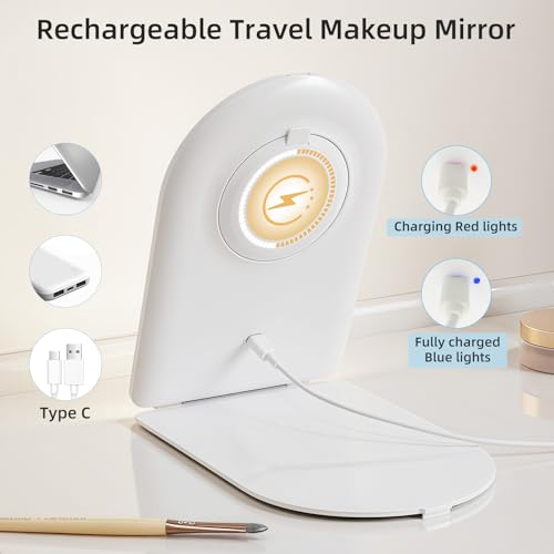 Rechargeable Travel Makeup Mirror with Lights & 10X Magnification