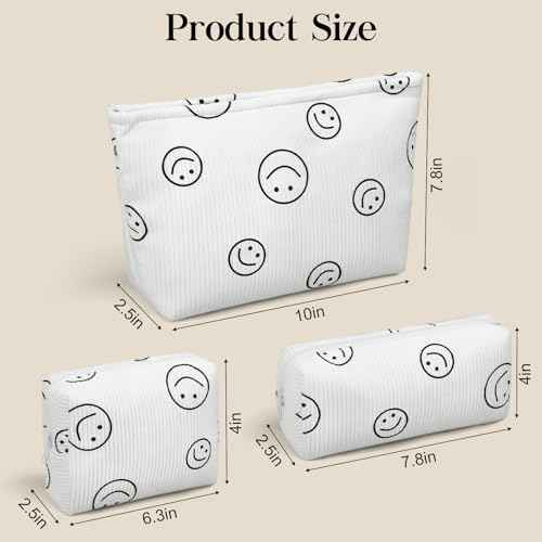 3 Pieces MakeUp Bag Cosmetic Bag,Travel Makeup Bag Set,Cute Smiley Corduroy Make Up Purse with Zipper,Beige White Pencil Pouch,Small Makeup Pouch,Aesthetic Preppy Stuff