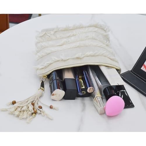Canvas Cosmetic Bag Handmade Embroidered Lace Makeup Bag Large Capacity Natural Linen Make Up Pouch Purse Organizer Boho Travel Toiletry Bag for Women (tassel)