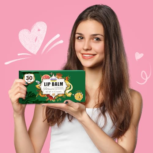 AZEN 30 Pack Natural Lip Balm, 10 Flavors, Moisturizing