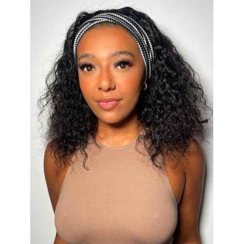 Water Wave Headband Wig Human Hair 14inch Curly Drawstring Headband Wigs Human Hair Wear and Go Glueless Wigs for Black Women Brazilian Virgin Hair 220 Density Natural Color