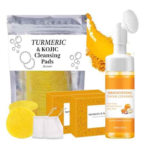Turmeric Face Wash With Brush,Turmeric Wash and Care Set,Foaming Facial Cleanser&2Bars of Lemon Soap&20pcs Cleansing Pads&2 Bubble Nets,Facial Kit for Women,3.38 Fl Oz/pcs