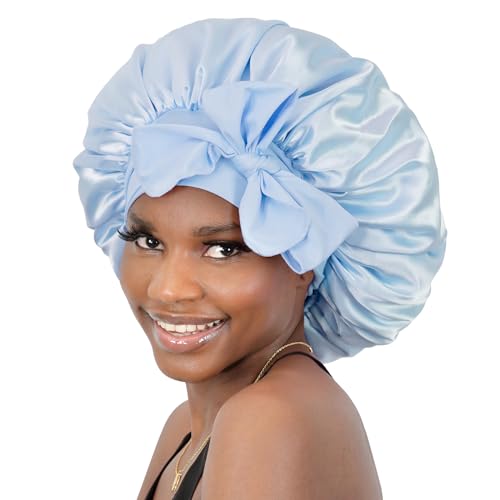 BONNET QUEEN Silk Bonnet for Sleeping Women Satin Bonnet Hair Bonnet Night Sleep Cap Scarf wrap for Curly Hair with tie Band Light Blue