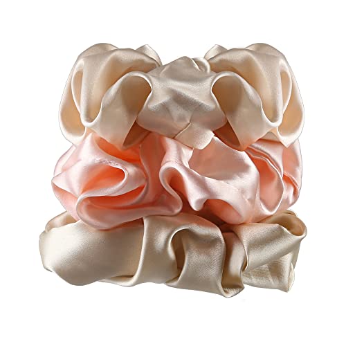 Forbidden Road 3 Pieces Large Mulberry Silk Scrunchies with Elastic Band for Hair, Women, and Girls (Beige, Ivory & Champagne)