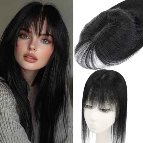 Rich Choices Hair Toppers for Women Real Human Hair 360¡Æ3D Clip in Bangs 100% Remy Human Toppers with Bang for Thinning 150% Density Upgrade Extended 2"*6"Lace Base 08 Inch #01 Jet Black