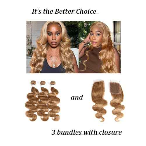 X-TRESS 4X4 Honey Blonde Closure Human Hair Pre Plucked With Baby Hair 4X4 Transparent Lace Free Part Bleached Konts 16 Inch Malaysian Natural Hair Human Hair Body Wave Honey Blonde Lace Closure