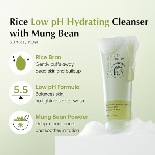 MIDHA RICE LOW PH HYDRATING CLEANSER WITH MUNG BEAN, 5.07fl.oz/150ml,Balanced pH Gel Cleanser, Hydrating, Soothing, Gentle Daily Cleanser, Deep Cleansing, Pore-Purifying, Nourishing Care