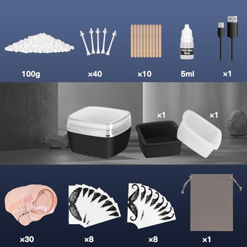 Nose Wax Kit Men, 100g Nose Hair Wax Kit with 40 Applicators (30-40 Uses)£¬Nose and Ear Hair Removal, 7-Min Charging and Fast Heating, 2 Silicone Liner, Smart Constant Temperature, Multi-Accessories