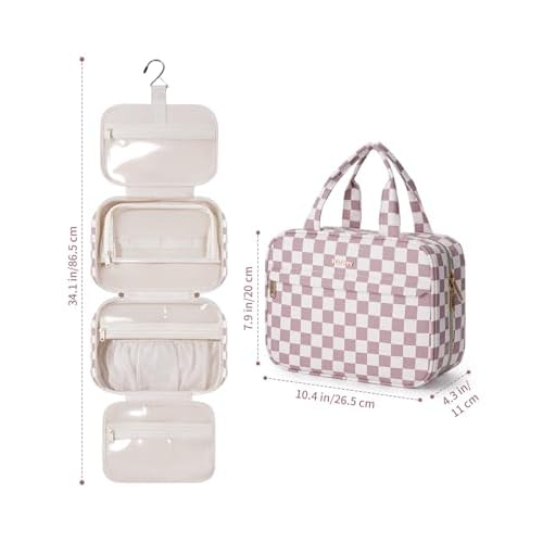Narwey Hanging Toiletry Bag for Women Checkered Travel Makeup Bag Organizer Cosmetic Make up Toiletries Bag for Travel Essentials Accessories (Dusty Pink Checkerboard, Medium)
