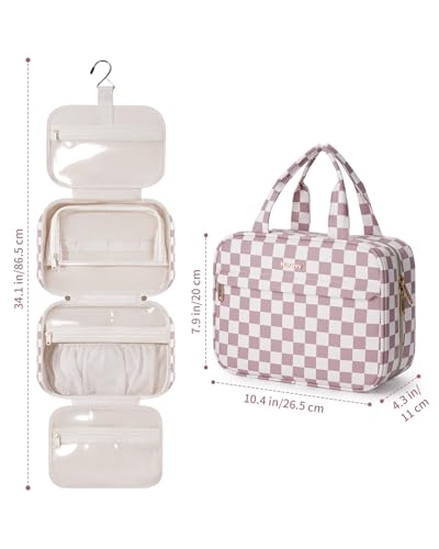 Narwey Dusty Pink Checkerboard Medium Hanging Travel Toiletry Bag for Women