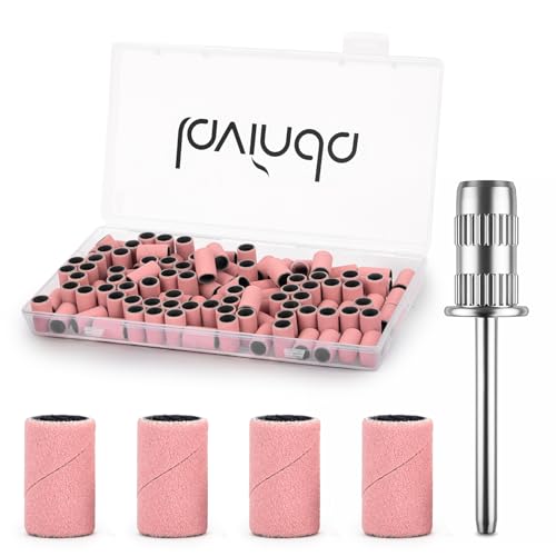 100 Pcs Nail Drill Bits Sanding Bands with Mandrel - 240 Grit Extra Fine Pink