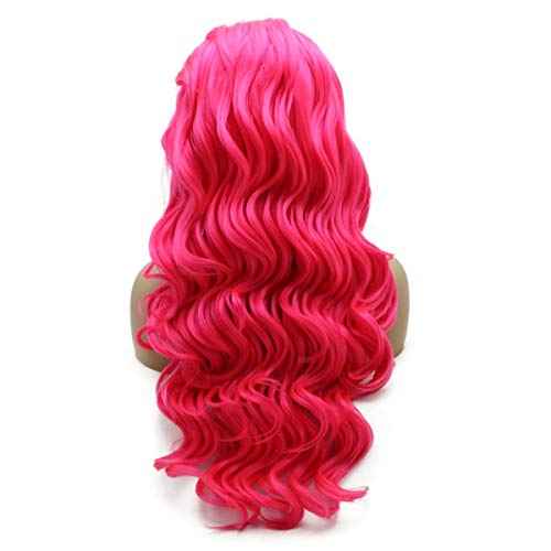iwonawig Long Wavy Half Hand Tied Heat Resistant Synthetic Swiss Lace Front Pink Wig