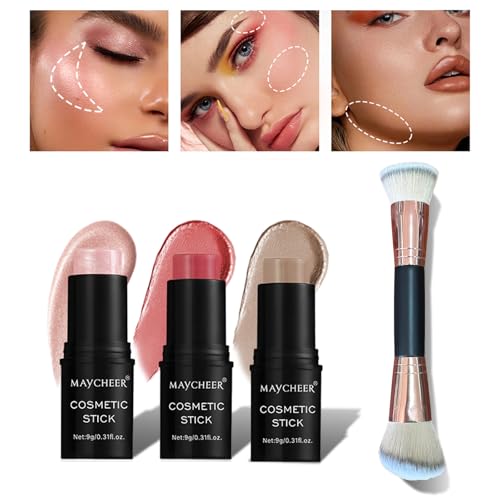 3-in-1 Contour Stick Set with Brush - Blush, Bronzer & Highlighter