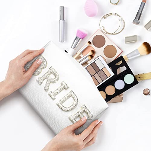 Bride Makeup Bag with Pearl Rhinestone Patch - White Travel Toiletry Pouch
