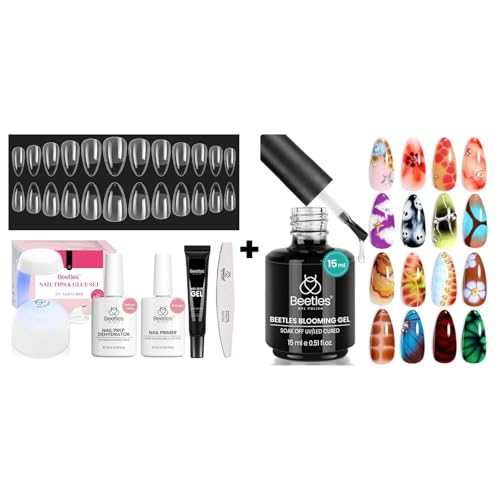 Beetles Gel Nail Kit Short Almond with Nail Dehydrator and Primer, 576Pcs Half Matte Etch-X Nail Tips Solid Nail Glue Mini Nail Lamp Nail Extension Set Gift, with Blooming Gel 15ml for Spreading Effec