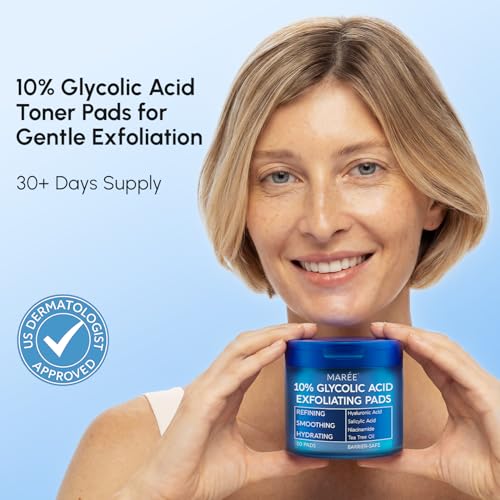 MAREE Glycolic Acid Resurfacing Pads - Toner Pads for Face Cleansing - Exfoliating Pads with Tea Tree Oil, Salicylic Acid & Vitamins E, B3, B5 - Facial Peel for Pore Resurfacing & Radiance - 50 Count